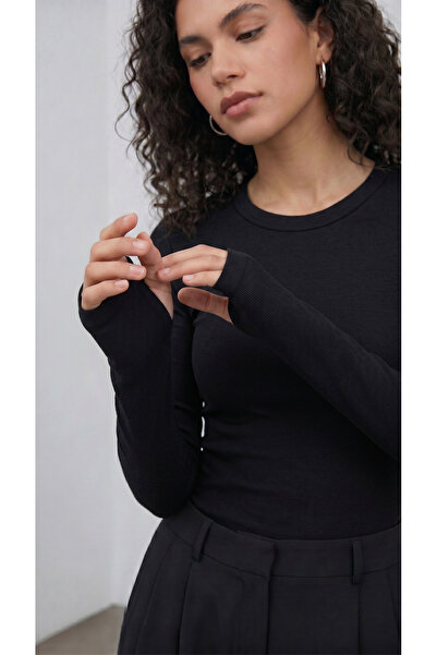 LUMİNUR Long Sleeve Finger Detail Crew Neck Bodysuit
