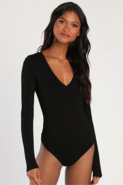 ostende Women's Black Long Sleeve V Neck Double Layer Silk Jersey Bodysuit