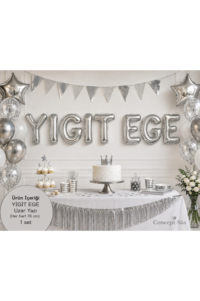 Dizayn Parti Evi YİĞİT EGE Gümüş Folyo Harf Balon Seti 76 cm Kişiye Özel İsim...