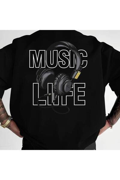 NOURAM تي شيرت عصري بطباعة رسمية لسماعات الرأس - طباعة حروف "MUSIC"، مناسب لل...