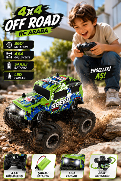 YILDIRIM OYUNCAK Uzaktan Kumandalı 4X4 Off Road RC Araba – 1:18 Ölçek Şarjlı, Işıklı, 360° Rotation Akrobatik Monster Truck