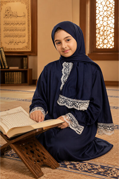 Defkay Summer Sweat-Proof Fabric Self-Headscarf Lace Girls' Prayer Dress