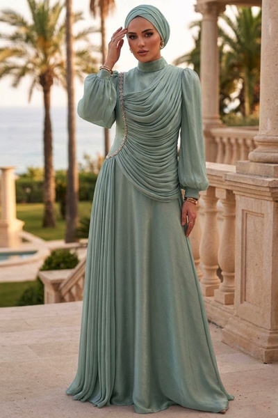 N.S NEVA STYLE Sparkling Mint Draped Hijab Evening Dress 57091Mint