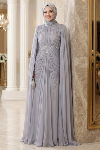 N.S NEVA STYLE Gray Sparkling Hijab Evening Dress with Cape and Stone Embelli...