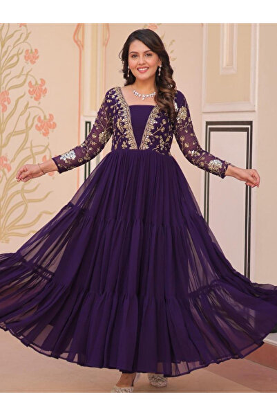 MYSMAR Purple Faux Blooming Embroidered Gown - HRT6495 | Purple