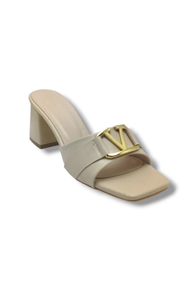 Cakgo Ceylan Shoes 225-26 Skin V Buckle Thick Heel Women's Slippers