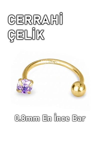 MORNEVA Cerrahi Çelik Altın Renkli Mor Taşlı Yarım Halka Hızma Burun Piercing...