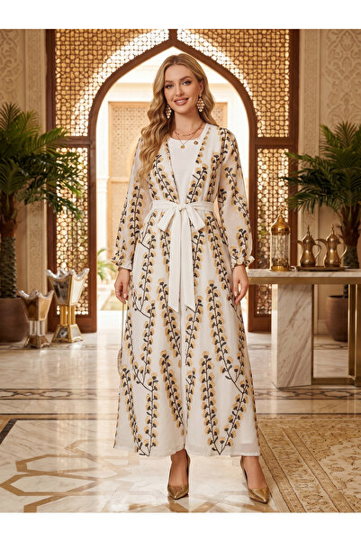 Greneric Muslim Abaya Two-Piece Set with Gold Floral Embroidery and Belt