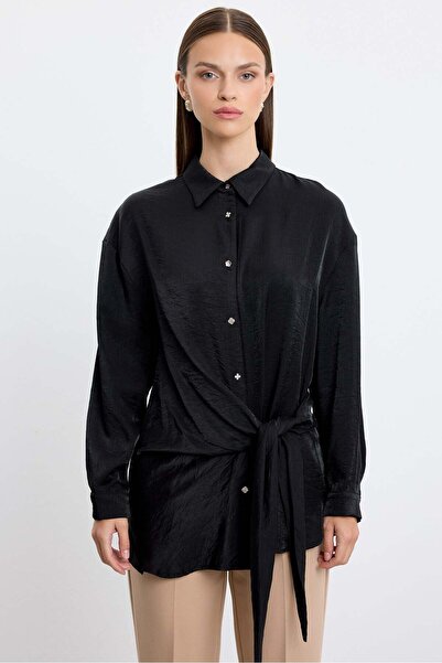 Tığ Triko Front-tie metal button shirt - black