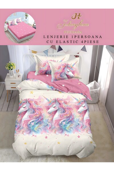 naniland.ro Lenjerie de Pat 1 Persoană 4 Piese cu Elastic 155x200 cm, Model T...