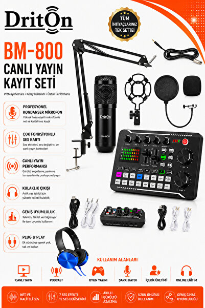 DRİTON BM-800 + F998 SİYAH PODCAST TİKTOK YOUTUBE YAYINCI CONDENSER MİKROFON ...