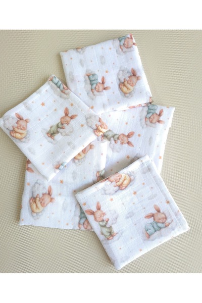 jr.bunnies %100 Pamuk Müslin 5’li Ağız Mendili 20x20 cm – Uykucu Tavşan Desen...