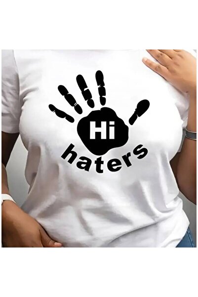 LİNA06 Women Shirt Featuring Bold Black Handprint Design With The Words Hi Ha...
