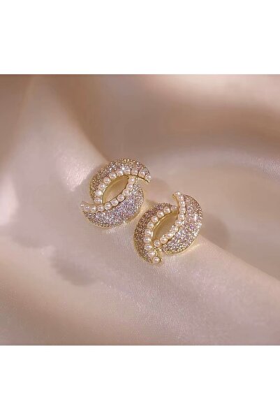deluxe takı ve giyim Zircon stone pearl earrings