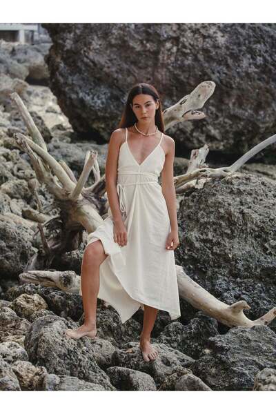 The Handloom Sage Maxi Elbise - Altın Çizgili