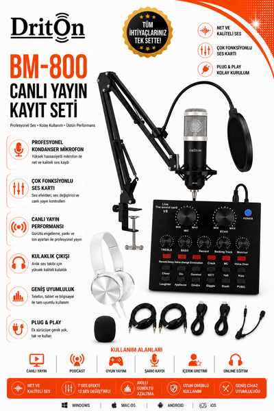 DRİTON BM-800 + V8 SES KARTI GRİ PODCAST TİKTOK YOUTUBE YAYINCI CONDENSER MİK...