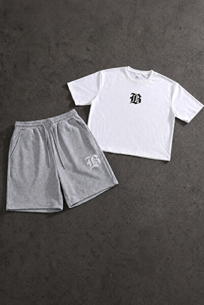 EFFRENATU Men's T-Shirt Shorts Set Gothic B Logo Printed Oversized Streetwear
