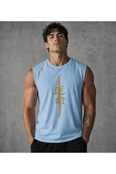 caddekombin Men's Vertical Japanese Katana Sword Printed Zero Sleeve Round Ne...