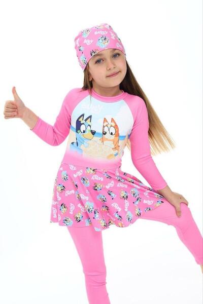 NATS KİDS Blueyy Girls' Long Sleeve Skirted Hijab Swimsuit Set with Bonnet, P...