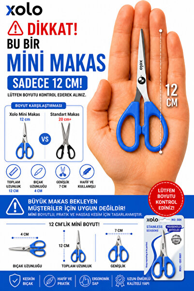 xolo Ofis Makası Mavi Paslanmaz Çelik Ergonomik Saplı Keskin Kağıt Makası Sar...