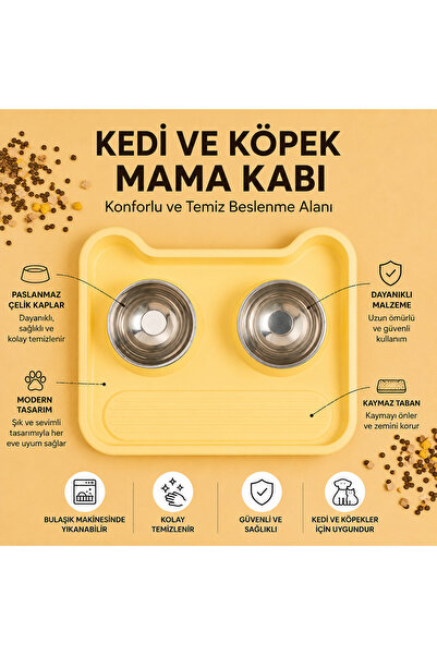 Deku 15° Eğimli, Dökülmeyi Önleyen İkili Kedi Köpek Mama Kabı - Paslanmaz Çel...