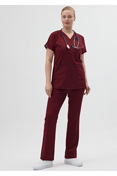 Owlet Medikal Burgundy Tunic Length Short Sleeve Bell Bottom Scrubs