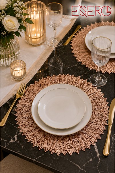 ESERO 30831 Luxury American Service Placemat 6 Pieces Rose Gold Leaf Pattern Decorative Table Mat 38X38 cm Plastic Table Service