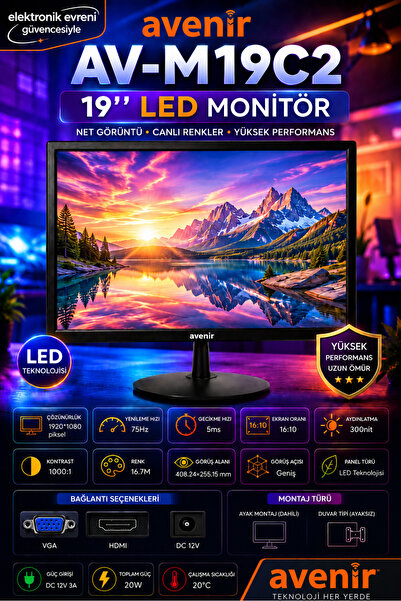 AVENİR 19 inç LED monitör / monitör / HDMI VGA monitör / bilgisayar monitörü ...