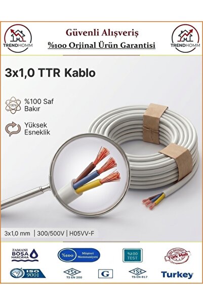 ÖZNUR 3x1 TTR Elektrik Kablosu - Beyaz - %100 Bakır - 20 Metre
