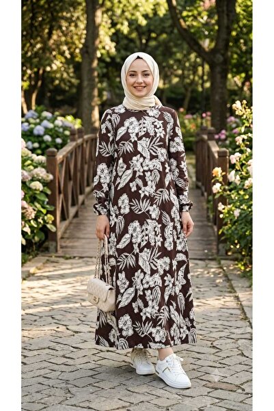 Asel Women's Patterned Woven Viscose Fabric Long Hijab Dress