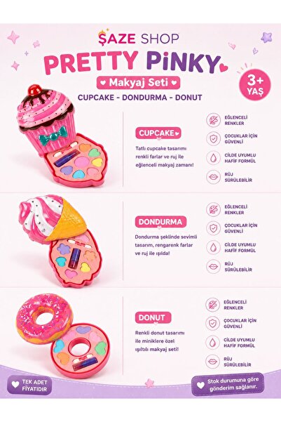 SAZE Pretty Pinky Cupcake Dondurma Donut Makyaj Seti 3+ Yaş Çocuk Makyaj Oyun...