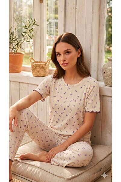 İpek Women's Short Sleeve Crew Neck Purple Autumn Leaves Pattern Ribbed 100% ...