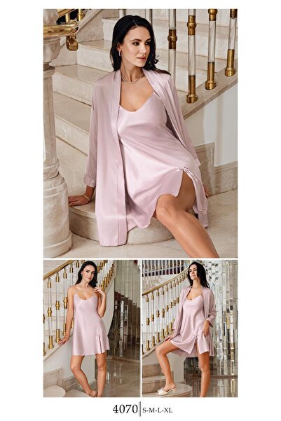 Flosh Lingerie Yırtmaç Detaylı Kadın Saten Gecelik Sabahlık Takım