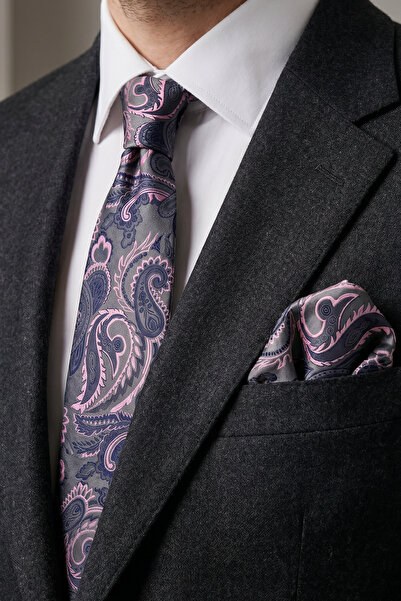 Milleniva Shawl Patterned Gray Pink Tie & Handkerchief