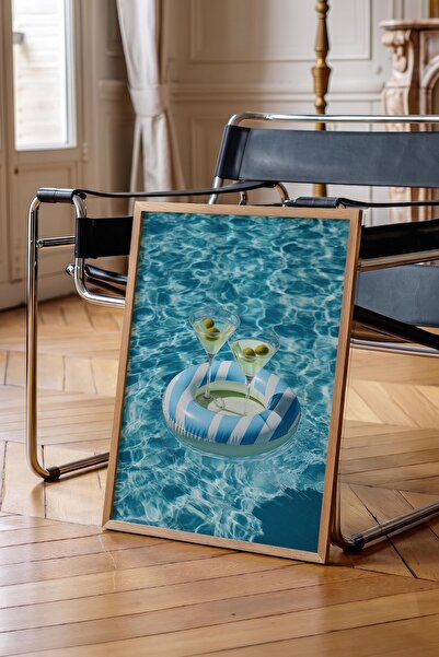 Postifull Pool and Martini Glass Poster, Wooden Framed Poster, Old Money Seri...