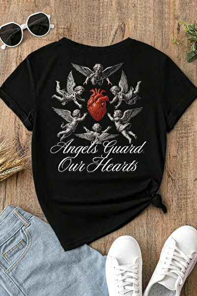 Spoyi Angel Heart Design 100% Cotton Half Oversize Black T-Shirt