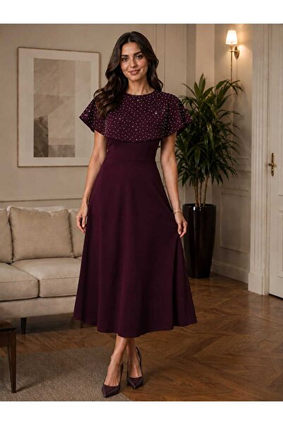 YEK&BİR Cloaked Dress with Stone Details and Giped Back