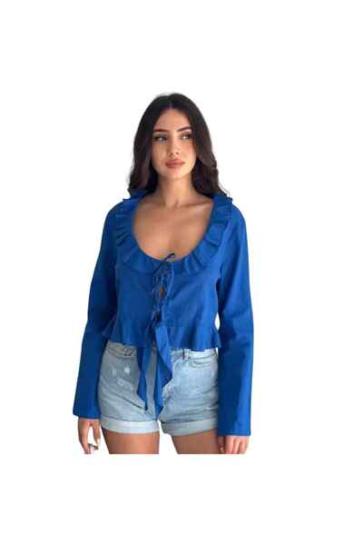 Barinoska Women's Linen Blouse Long Sleeve Lace-Up Detailed Ruffle Collar Sum...