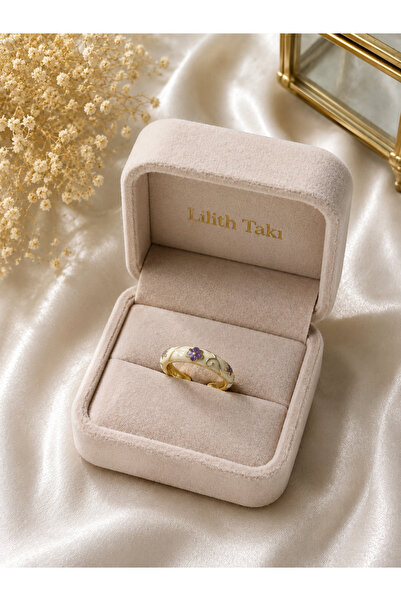 Lilith Takı White Enamel Purple Flower Pattern Adjustable Women's Ring |   Go...