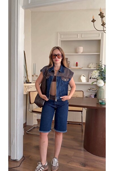 SOLİS MODA Set de damă din denim cu pantaloni scurți cu talie înaltă