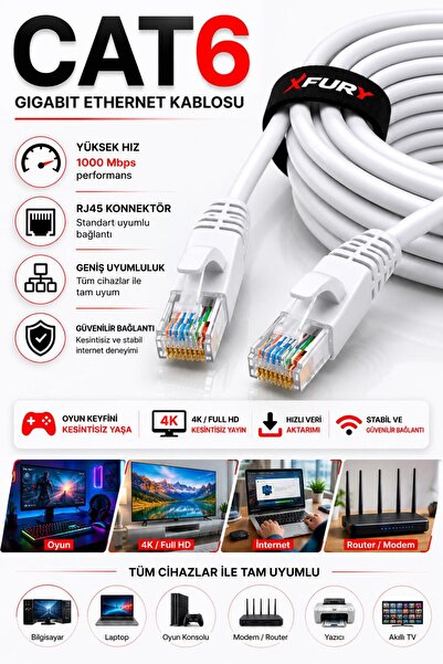 FURY CAT6 Ethernet Kablosu 20 Metre RJ45 LAN İnternet Modem Router Bilgisayar Kablosu