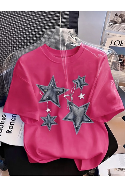 KOZAİ OUTDOORS Women's Oversize Crew Neck / Chain 4 Star Printed Combed Cotto...