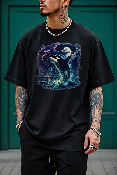 Impress Orca Killer Whale Themed Oversize T-Shirt, Storm Ocean Pattern Loose ...