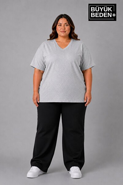 Superlife Süperlife Large Size Women's V-Neck Cotton Basic T-Shirt Navy Blue ...