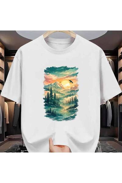 212Wear تي شيرت رجالي بتصميم شروق الشمس في الجبال، نقشة مناظر طبيعية للغابات ...