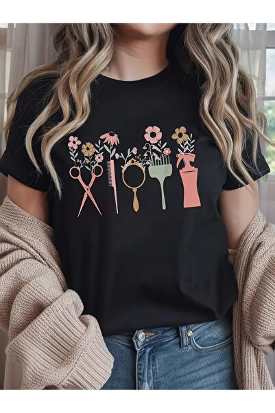 23 nisan Stylist Floral Graphic T-Shirt Wo Fun Salon Design with Scissors Bru...