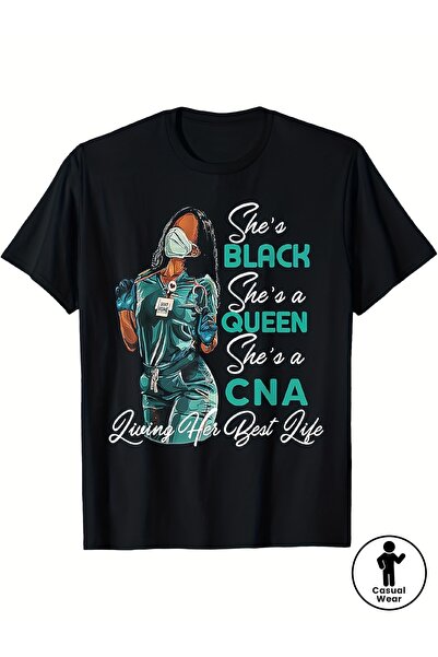 212Wear Black a Queen She's CNA Graphic Tee Crew Neck, Short Sleeve, Cotton T...