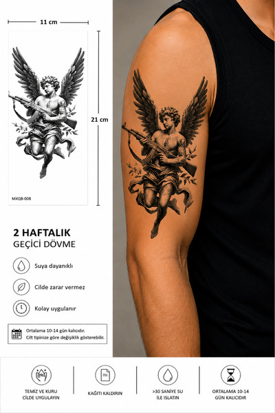 medink tattoo Gerçekçi Silahlı Melek Model Geçici Kol Bacak Geçici Sticker Ya...