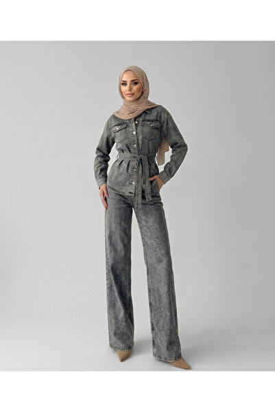 SHEVEGA Gray Belted Denim Jacket Wide Leg Pants Jean Denim Two-Piece Set