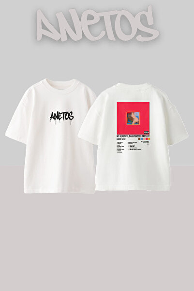 Anetos تي شيرت أبيض كبير الحجم مطبوع بتصميم Kanye West_39 للجنسين